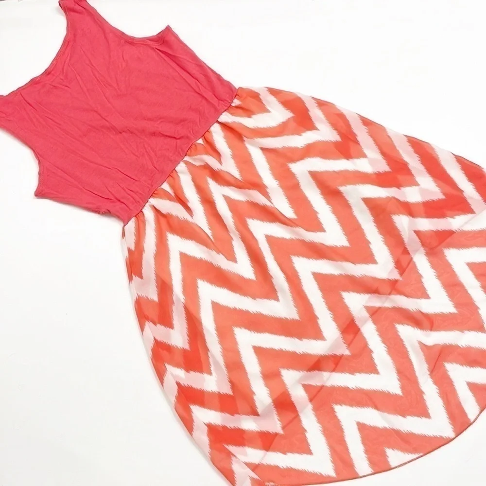 Salmon/orange little girls chevron print high low dress